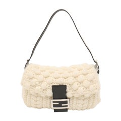 Fendi Baguette Bag White Crochet Knit Wool Pompom Shoulder Bag