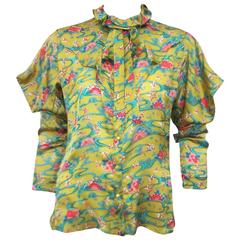 Asian Inspired 1970's Emanuel Ungaro Silk Chartreuse Blouse 9