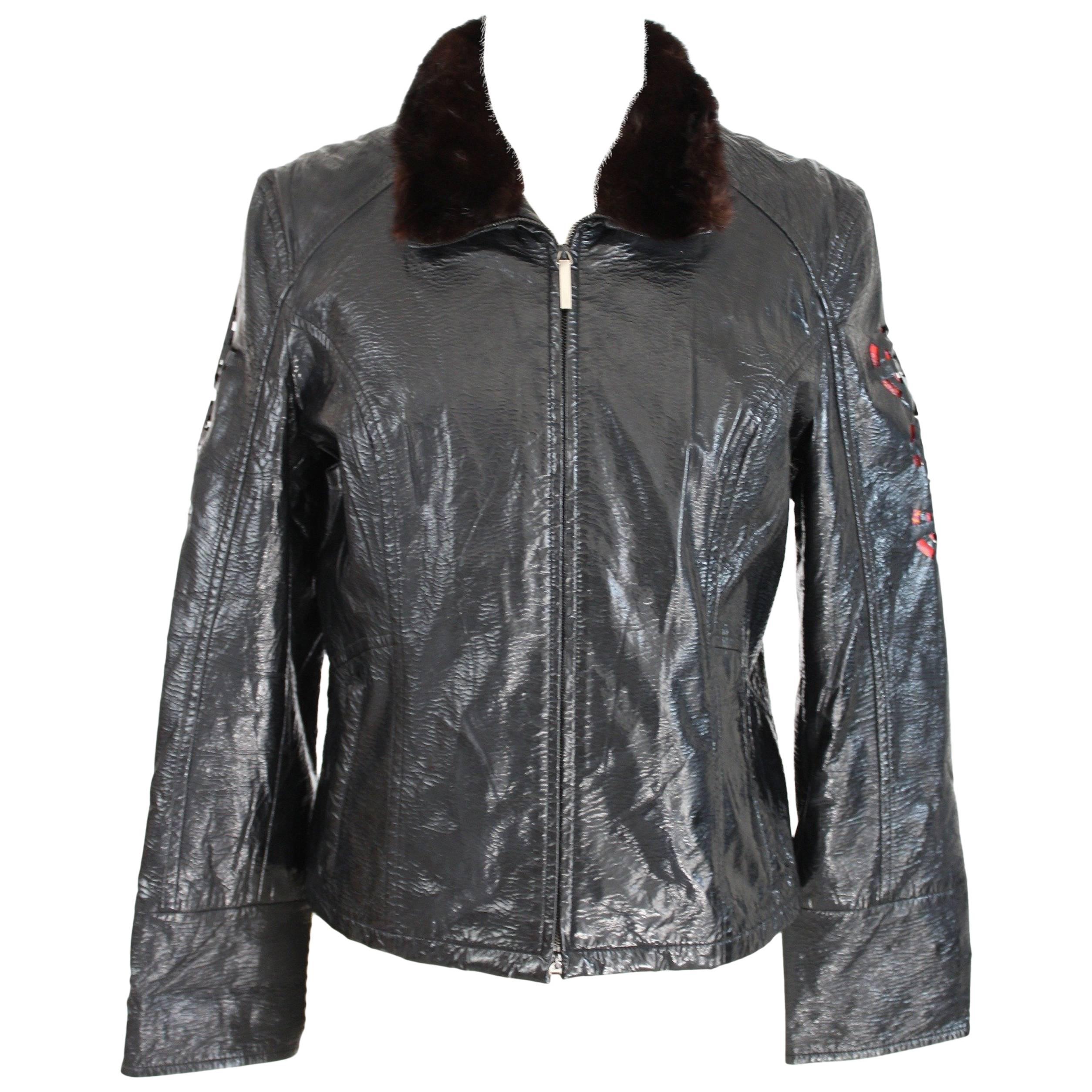 1980s Roccobarocco black fur collar jacket  For Sale
