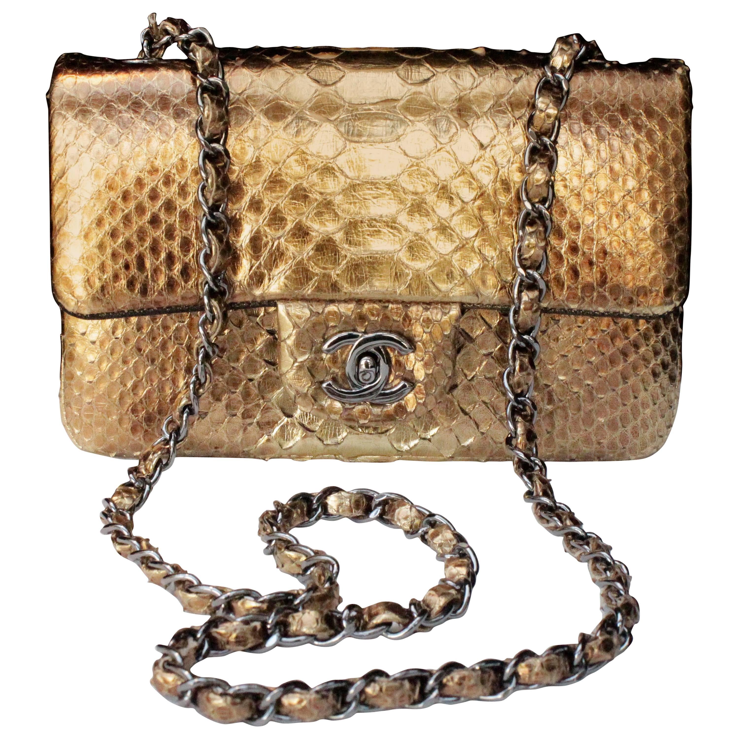 2000s Chanel Mini Timeless bag in Gold Tone Snakeskin and Silvered Hardware