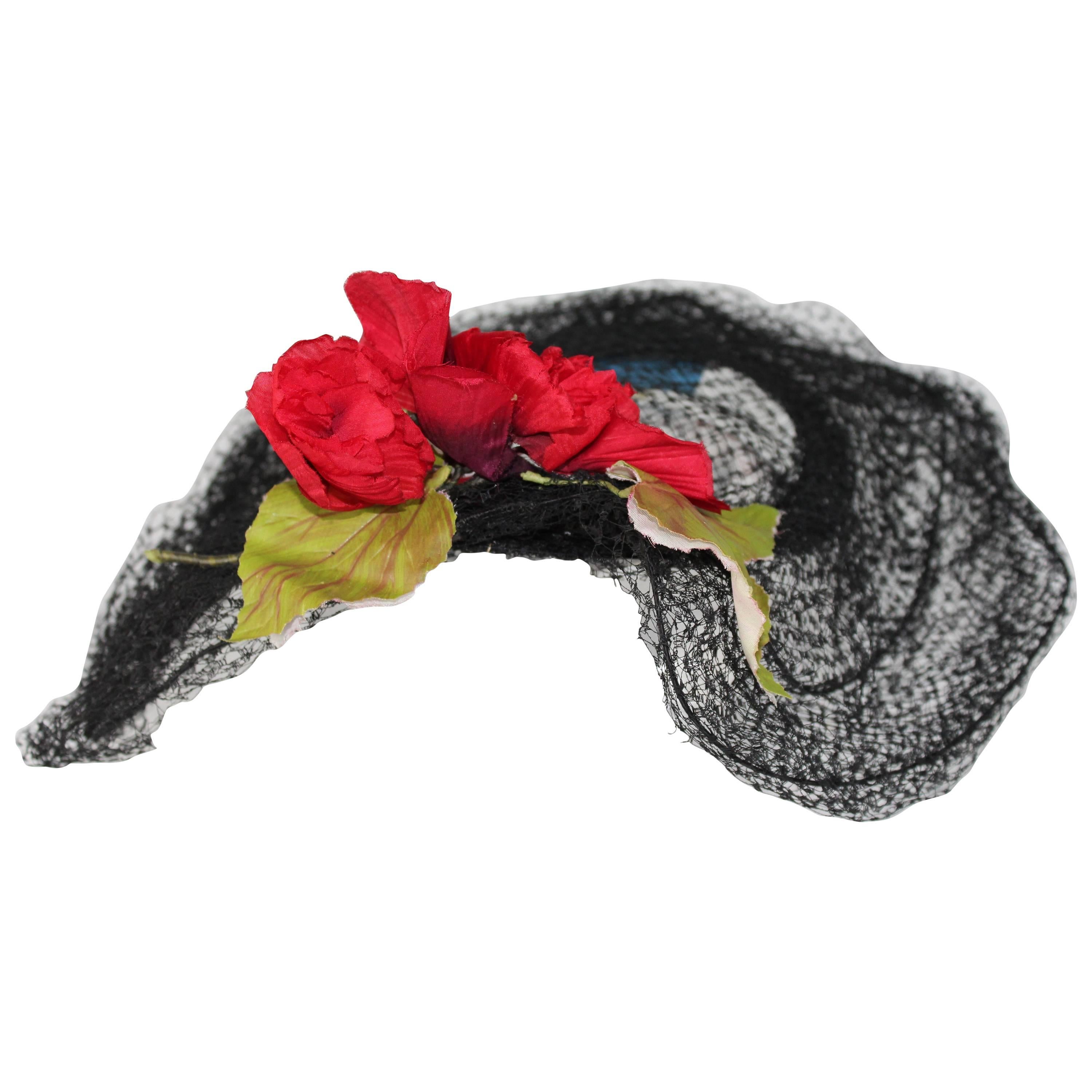 1950s Gilbert Orcel Anemone Paris Black Hat Lace Flower