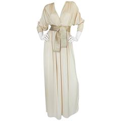 1970s Bill Tice Plunging Cream & Gold Jersey Dress