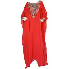 1960s Elaborate Crystal Covered Jewelled Red Caftan Dress