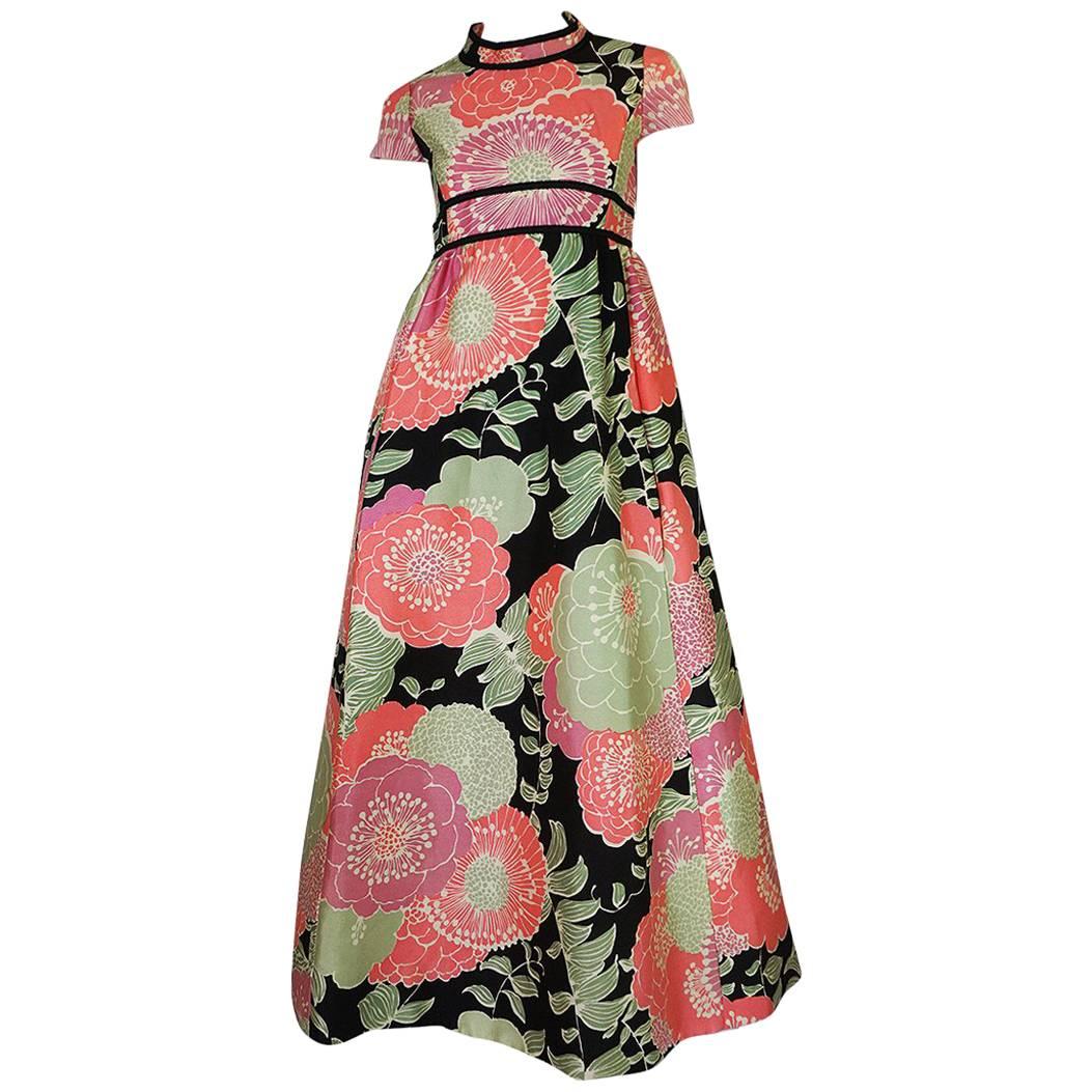 1970s Malcolm Starr Pastel Floral Covered Silk Hostess Dress