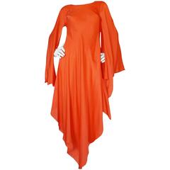 1970s Oscar de la Renta Bias Cut Silk Chiffon Coral Caftan Dress