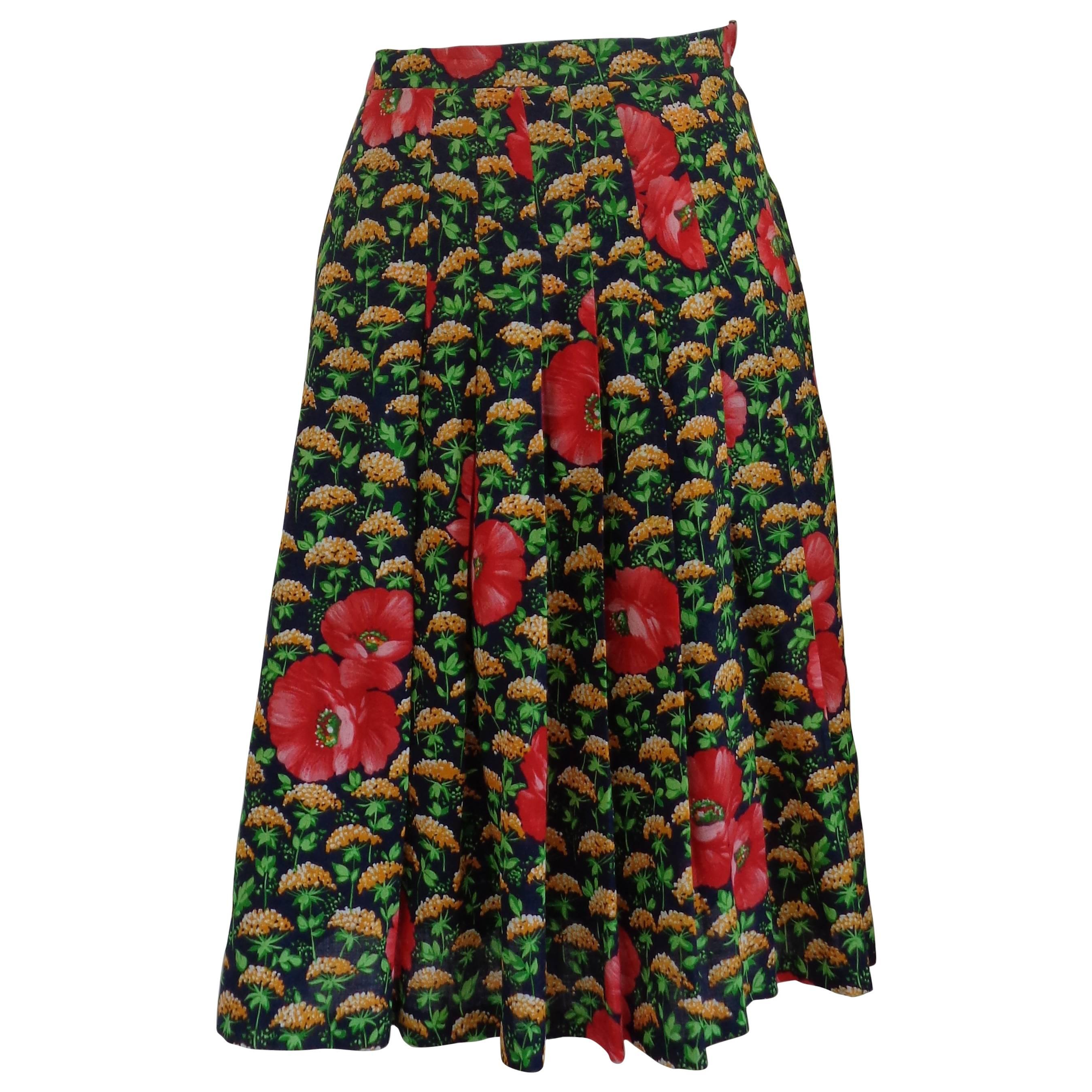 1970s Vintage Green Flowers Skirt