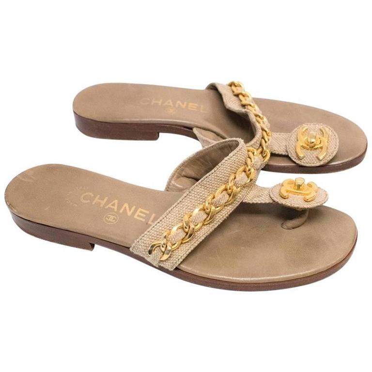 Chanel Beige Woven Thong Sandals For Sale at 1stDibs