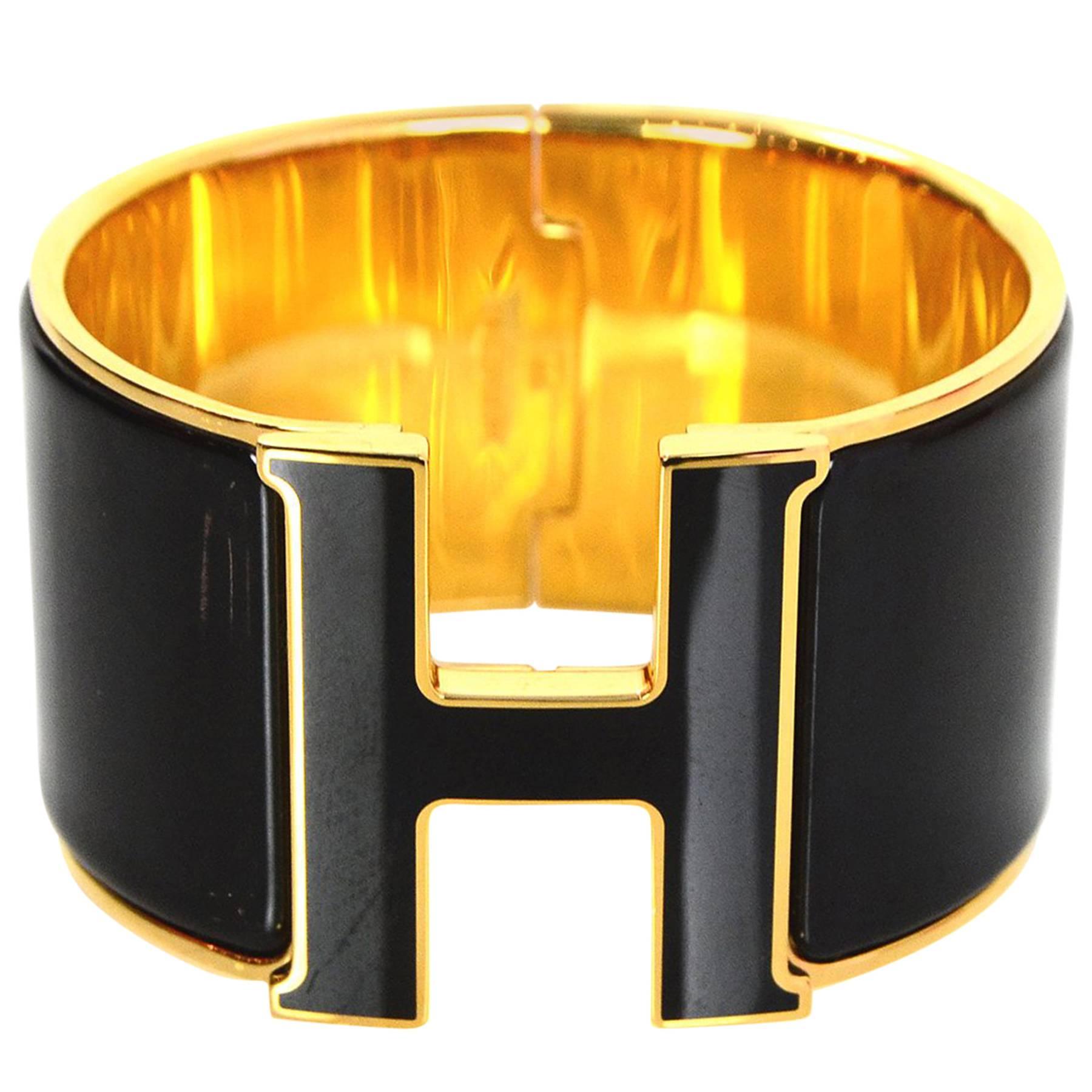 Hermes Extra Wide Black Enamel H Clic Clac PM Cuff Bracelet For Sale at