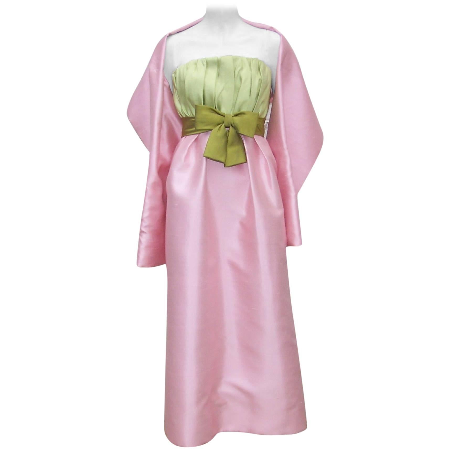 1960's Bob Bugnand Pink & Green Silk Strapless Dress With Wrap