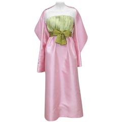 1960's Bob Bugnand Pink & Green Silk Strapless Dress With Wrap 4