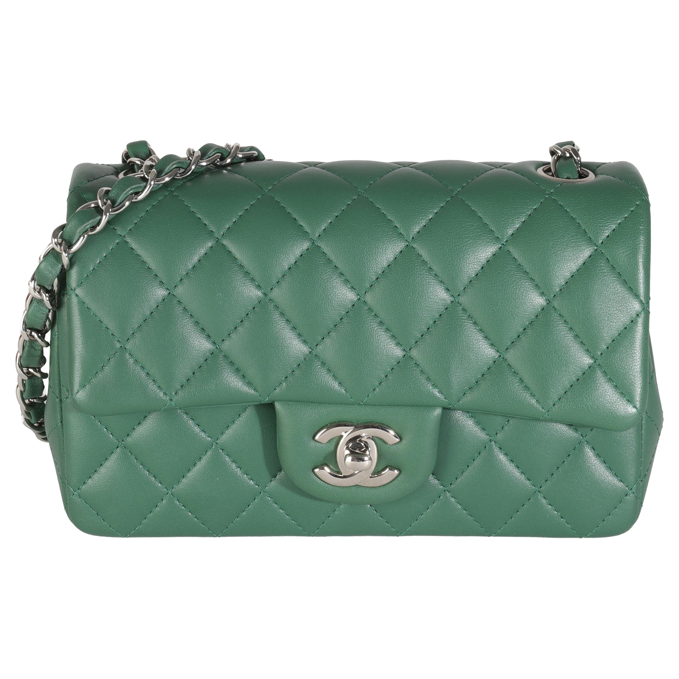 Chanel 19B Dark Green Quilted Lambskin Mini Rectangular Flap Bag