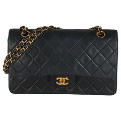 Chanel Vintage 24K Schwarz Gestepptes Lammfell Medium Classic Double Flap Tasche