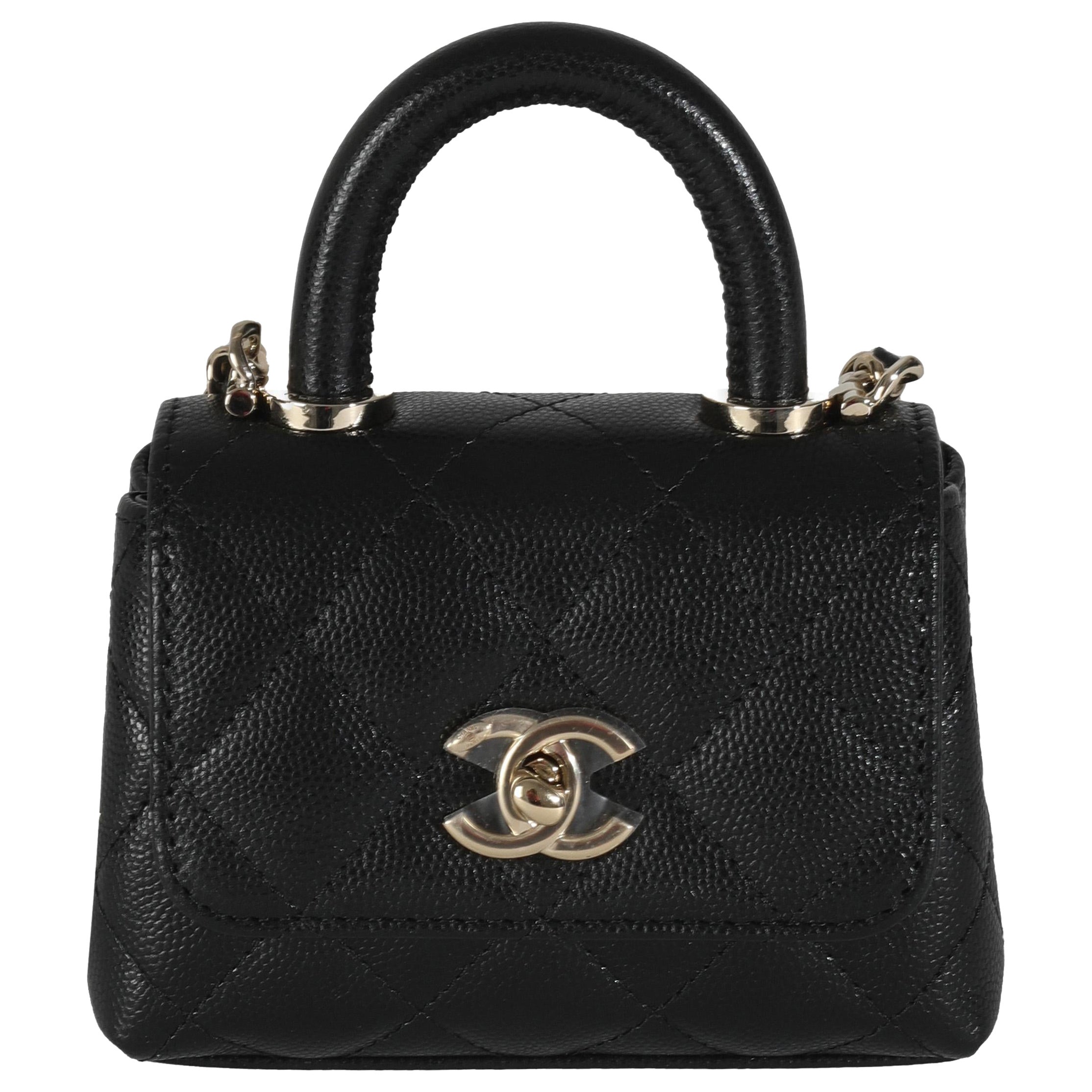 Chanel 24K Black Quilted Caviar Coco Top Handle Clutch With Chain Handbag For Sale
