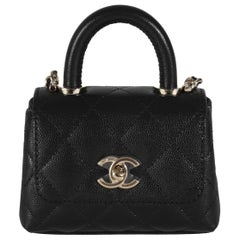 Chanel 24K Schwarze gesteppte Kaviar Coco Top Handle Clutch mit Kette Handtasche