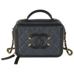Chanel Black Navy Quilted Caviar Small CC FIligree Vanity Case