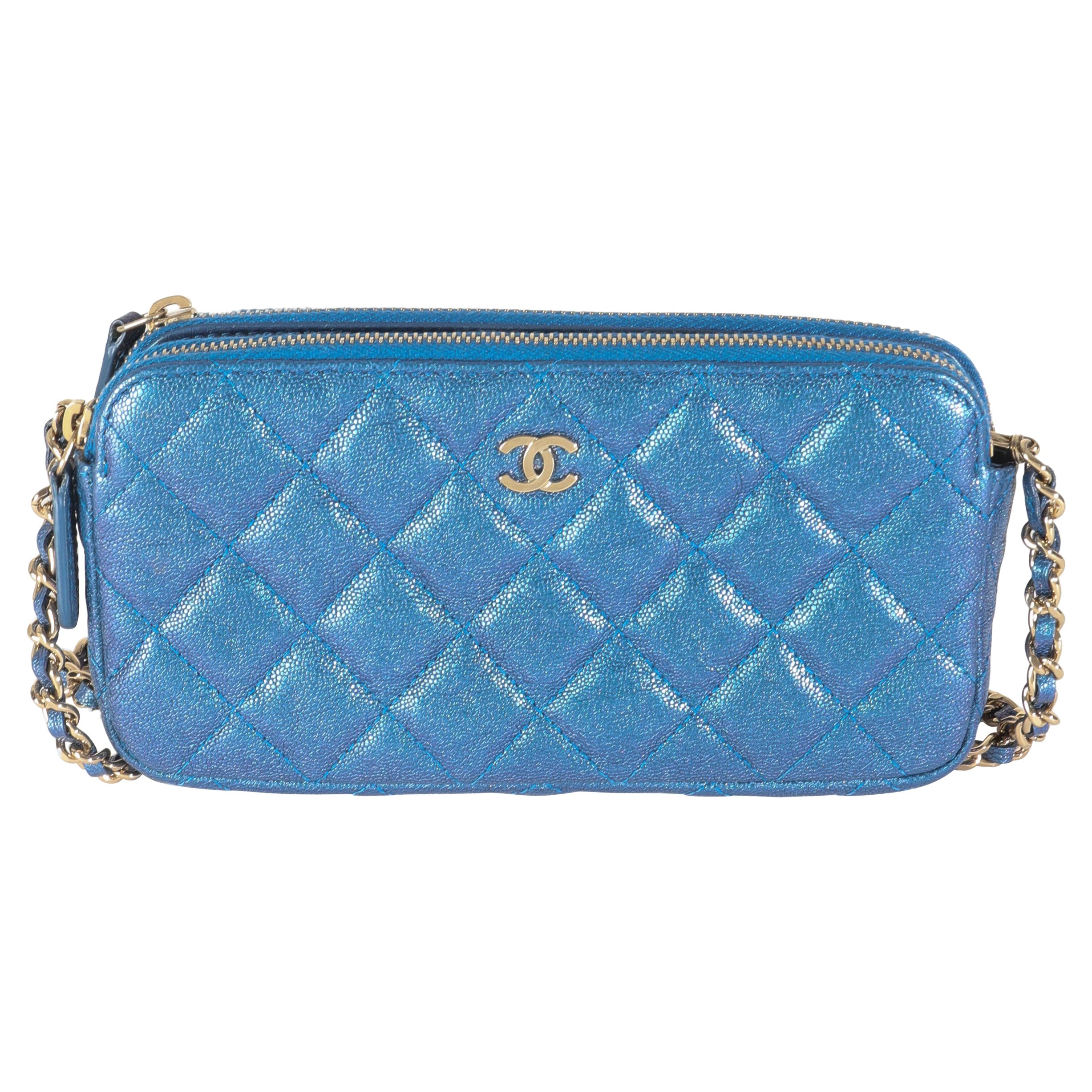Chanel Blue Iridescent Quilted Caviar Small Clutch With Chain
