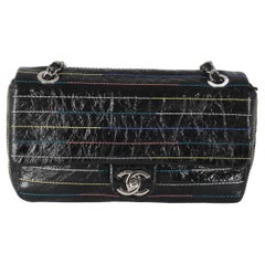 Chanel Black Crinkle Patent Multicolor Stitch Single Flap Bag