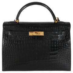 Hermès Vintage Black Porosus Crocodile Sellier Kelly 32 GHW