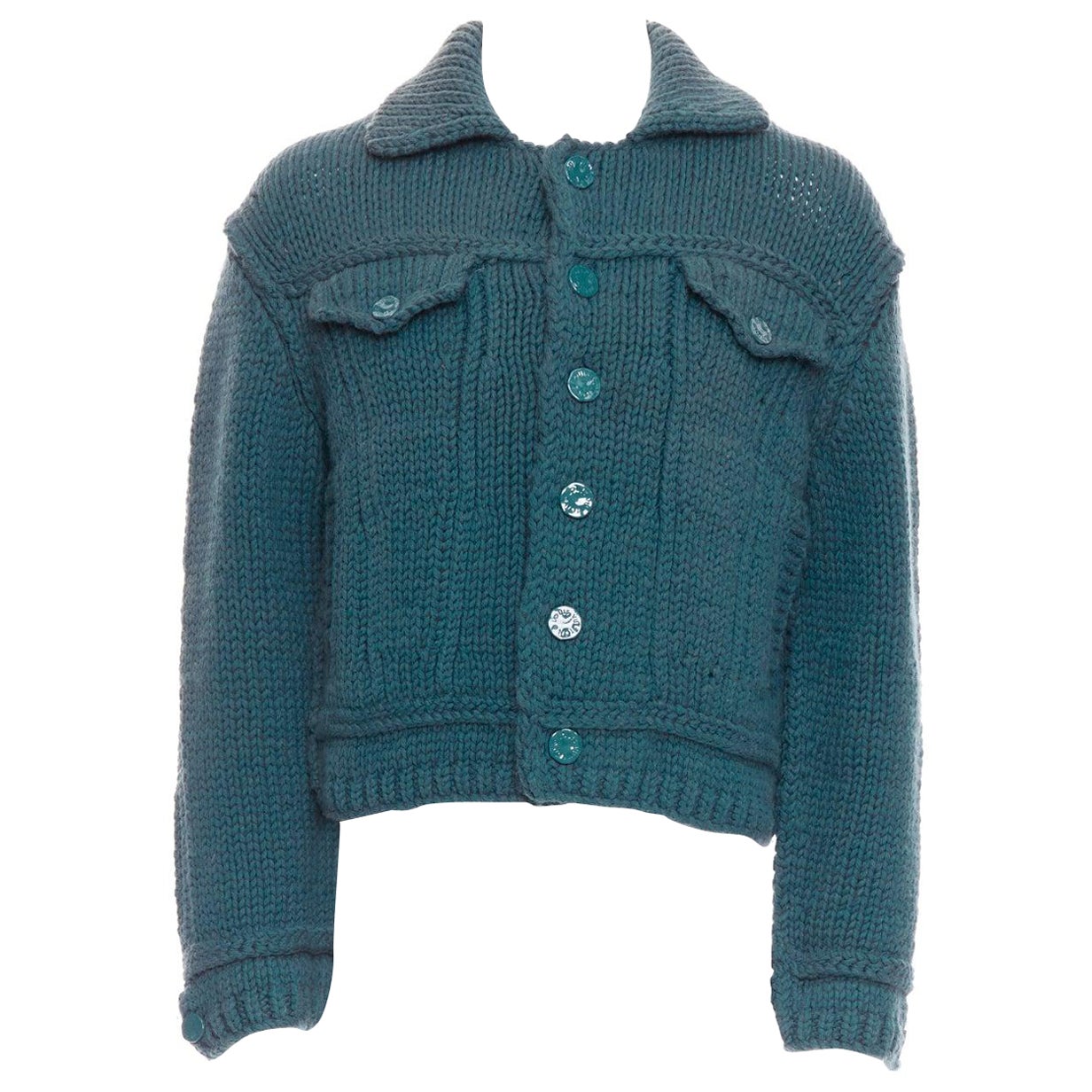 LOUIS VUITTON 2020 Runway turquoise blue wool chunky knit crop trucker jacket S