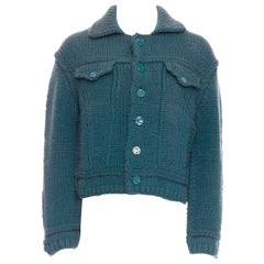 LOUIS VUITTON 2020 Runway turquoise blue wool chunky knit crop trucker jacket S