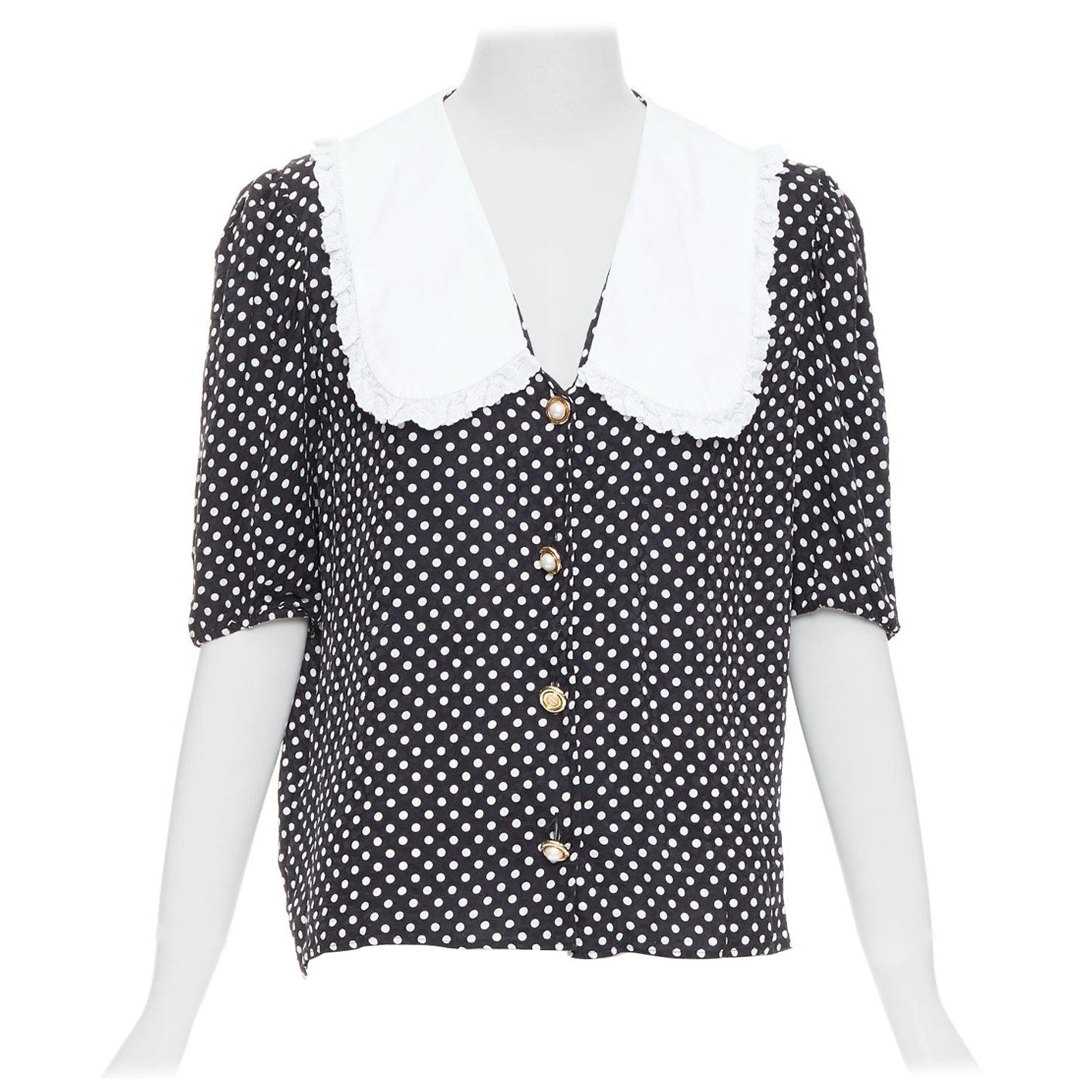 MIU MIU 2021 black white silk cotton trim polka dot vintage blouse IT42 M For Sale