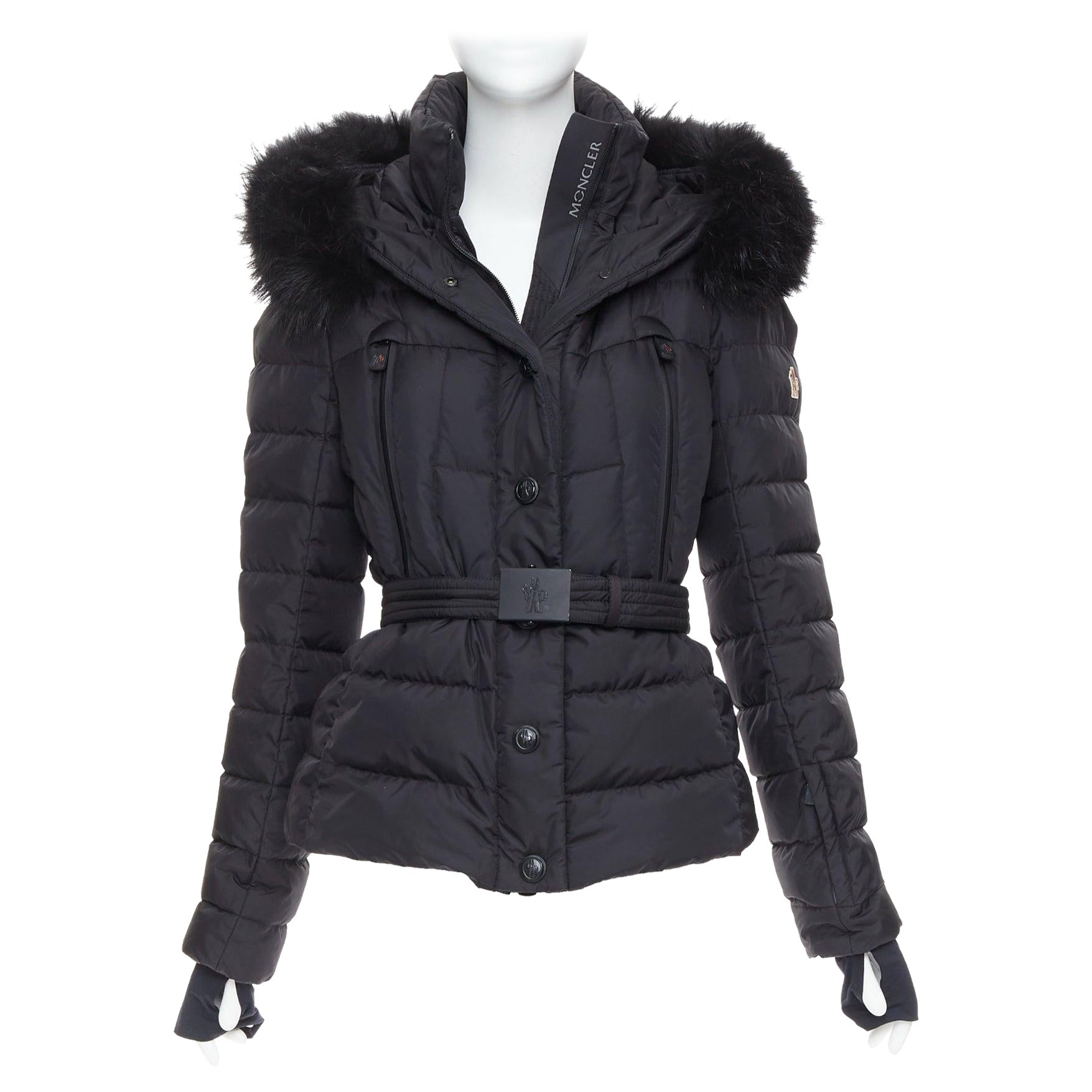 MONCLER Grenoble Beverley Giubbotto chaqueta de esquí puffer con cinturón de piel negra Sz3 en venta