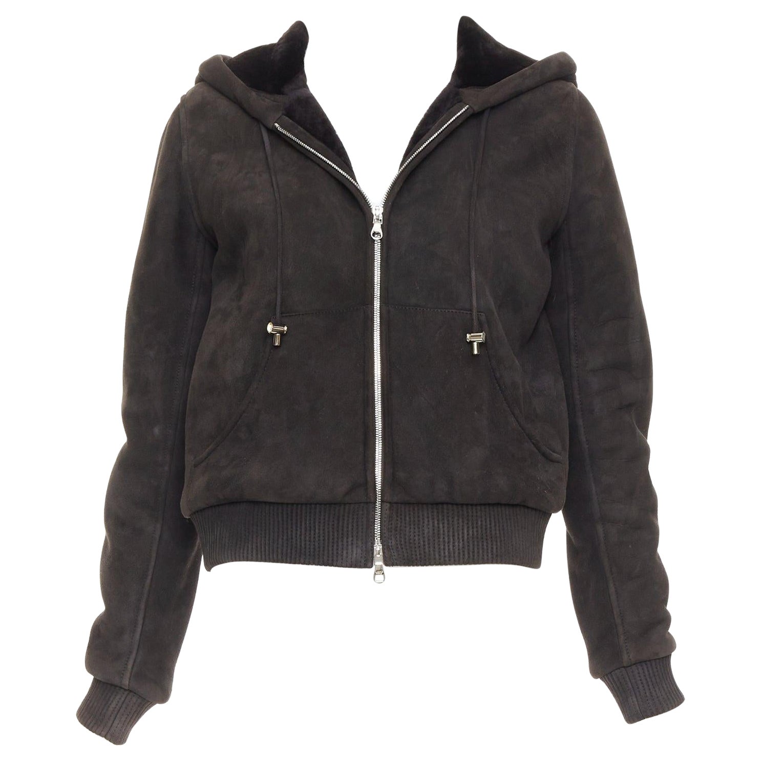 LOEWE charcoal brown lamb shearling lined hooded cropped suede jacket FR38 M For Sale