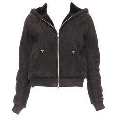 LOEWE giacca in pelle scamosciata con cappuccio foderata in montone d'agnello marrone antracite FR38 M.