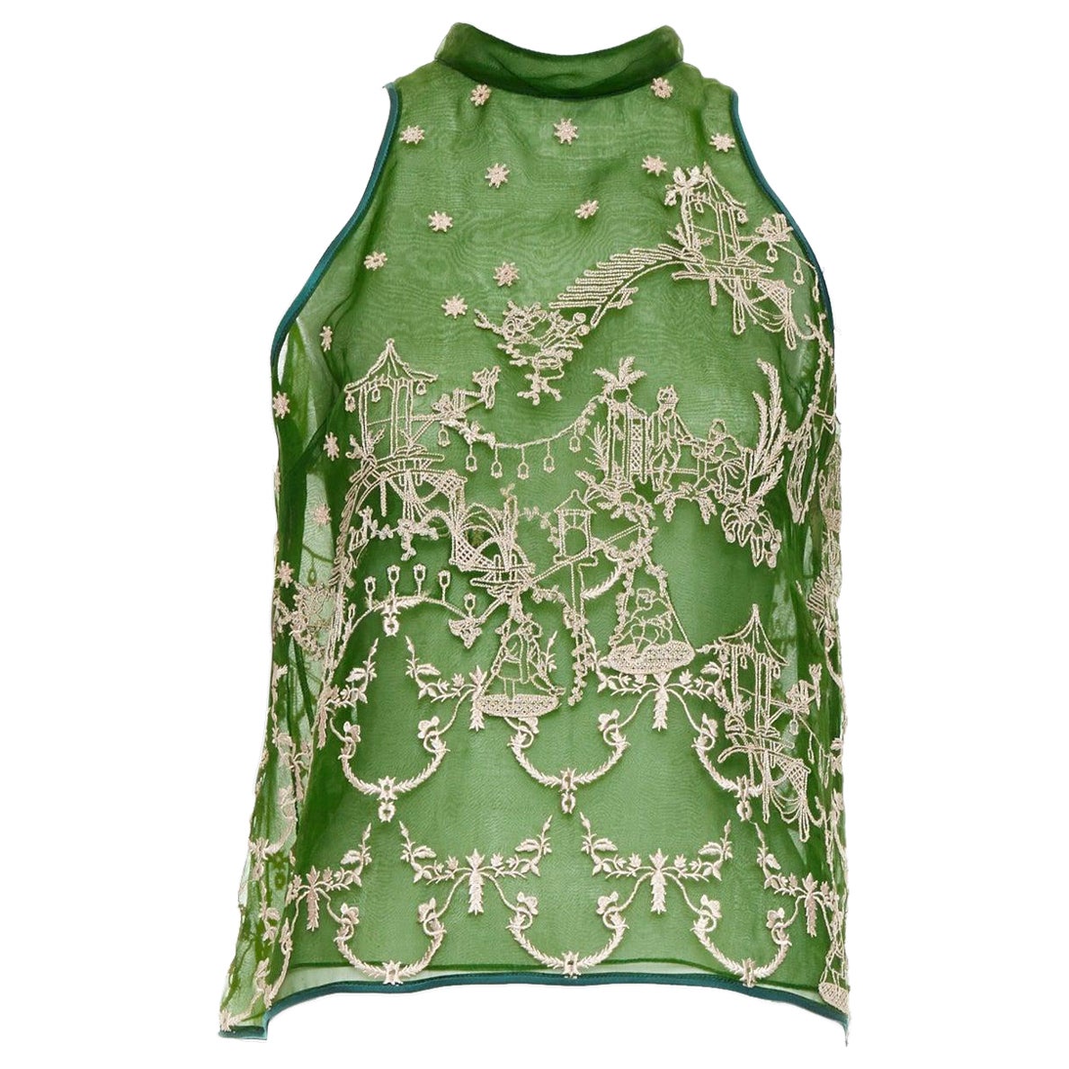 SAPTO DJOJOKARTIKO top sin mangas bordado oriental verde beige en venta