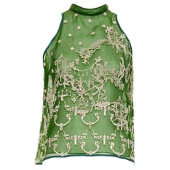 SAPTO DJOJOKARTIKO green beige oriental embroidered sheer halter top
