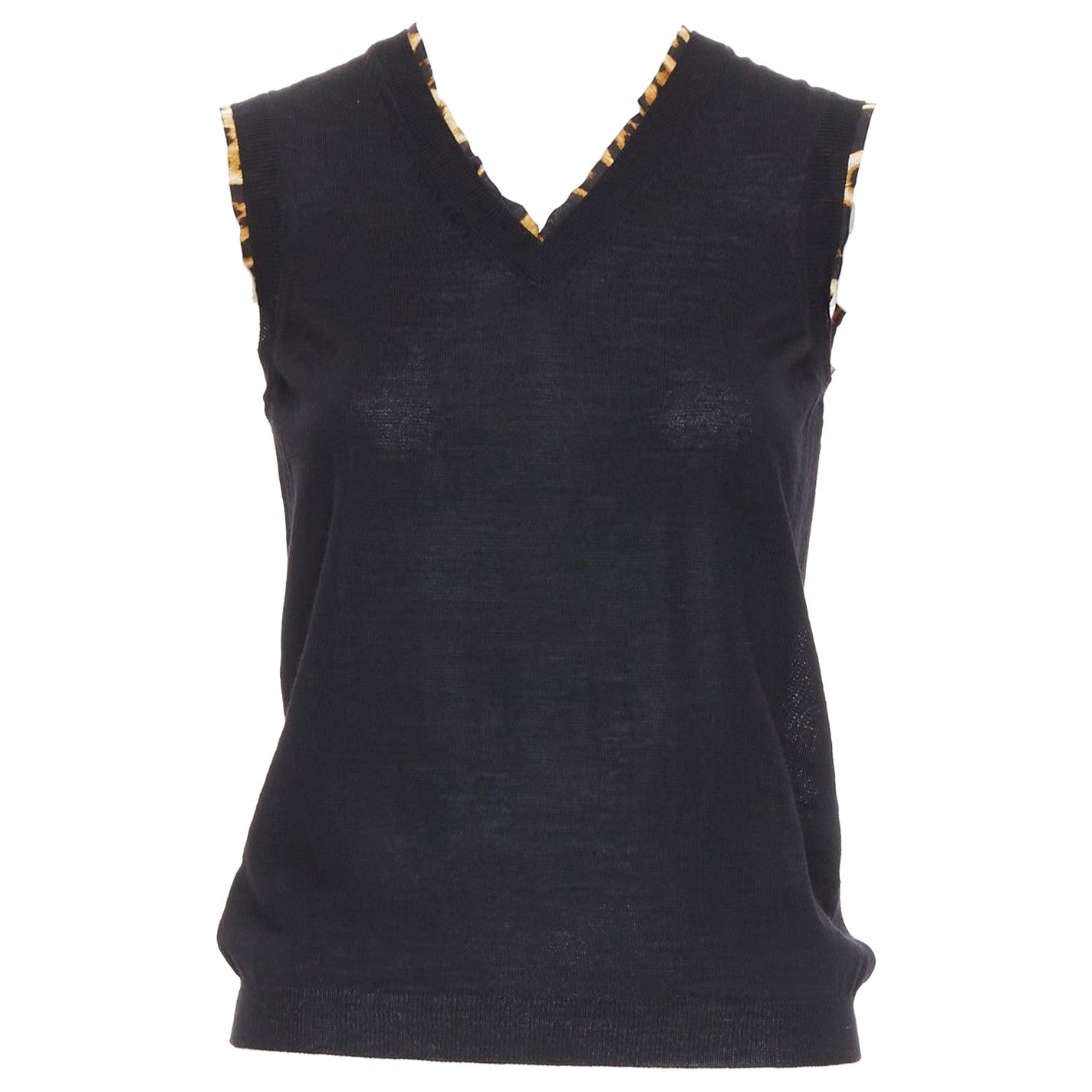 YVES SAINT LAURENT black virgin wool leopard silk trim sweater vest S For Sale