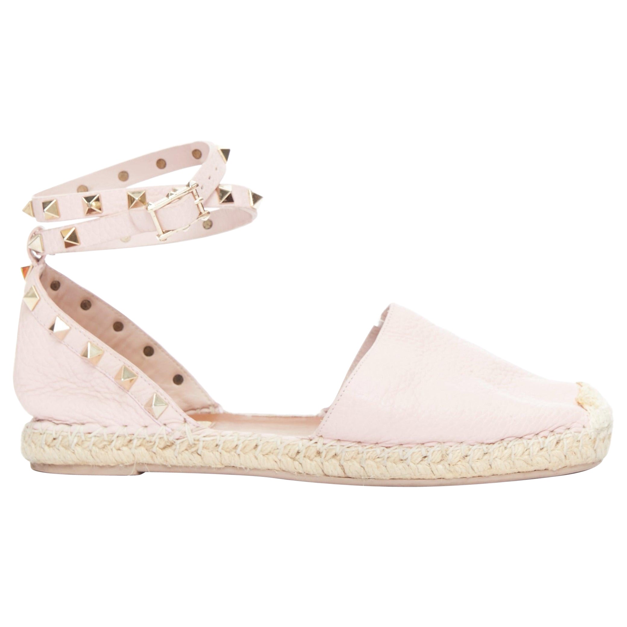 VALENTINO Rockstud pink leather gold studs espadrille sandals EU37 For Sale
