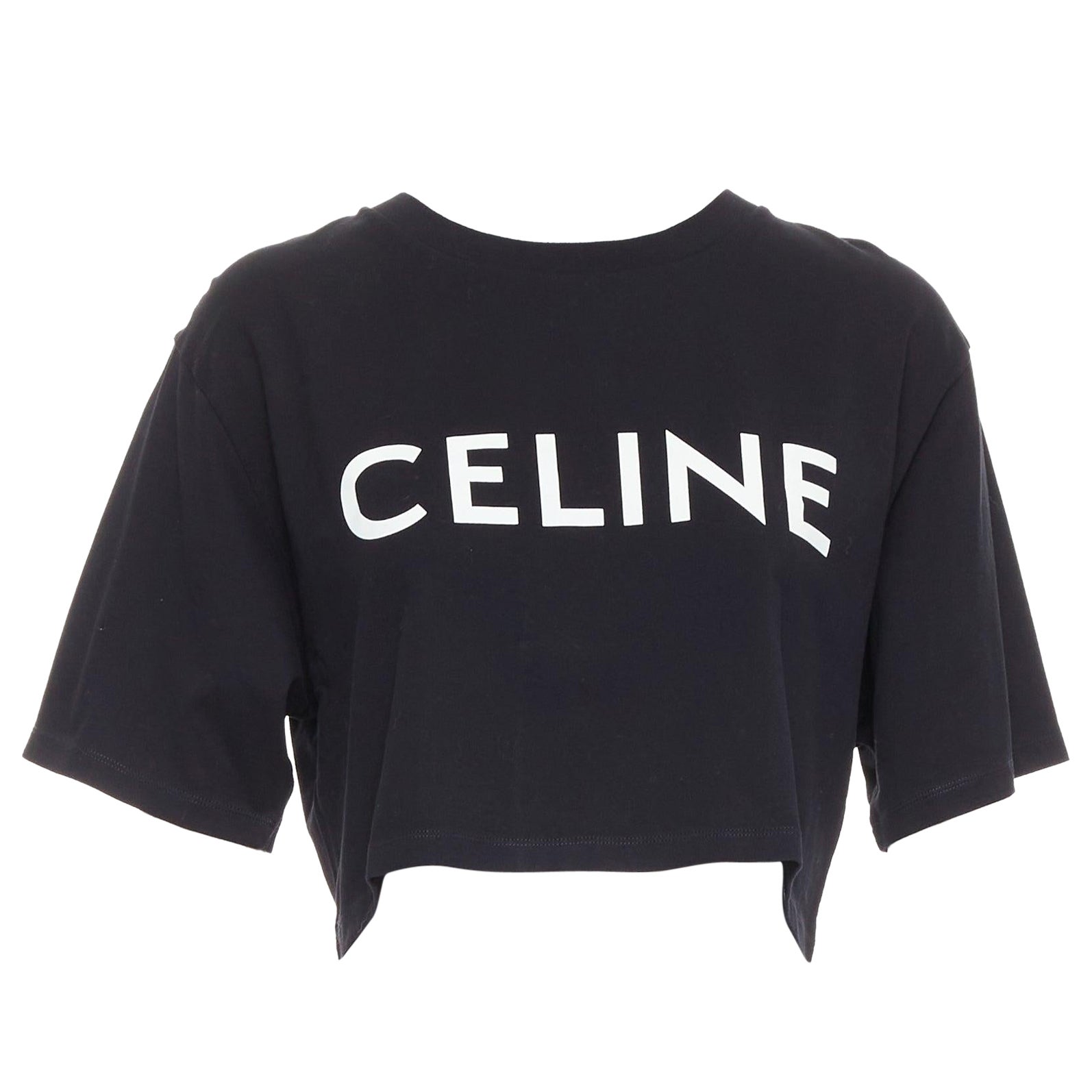 Celine black cotton white big logo crop casual crew neck tshirt S en vente