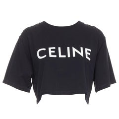 CELINE black cotton white big logo crop casual crew neck tshirt S