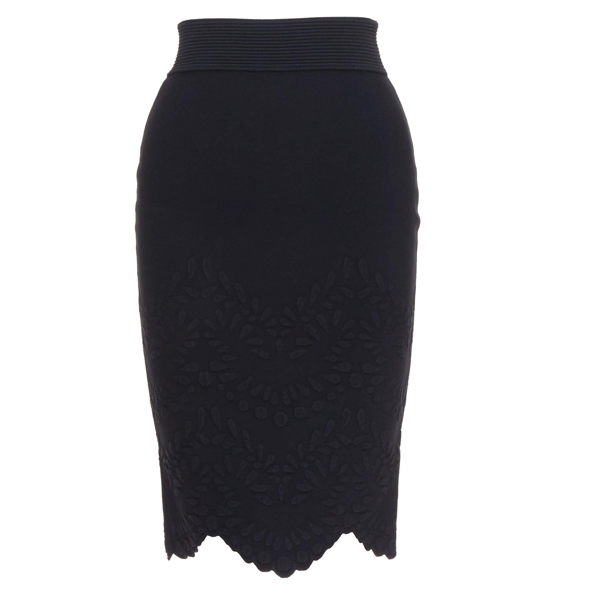 ALEXANDER MCQUEEN black jacquard knit scallop hem pencil skirt XS For Sale