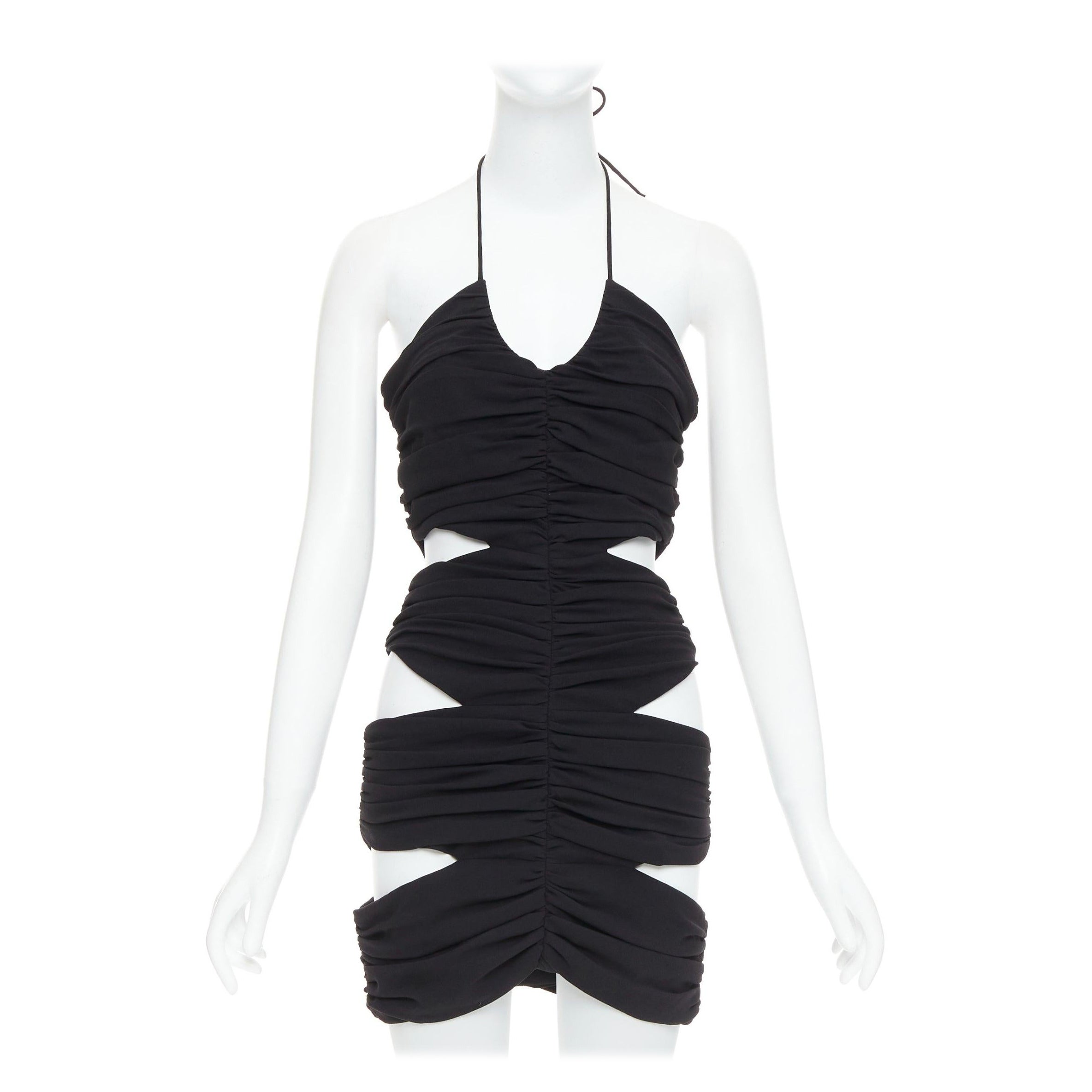 MONOT 2022 black halterneck tie back ruched cutout mini party dress US2 S For Sale