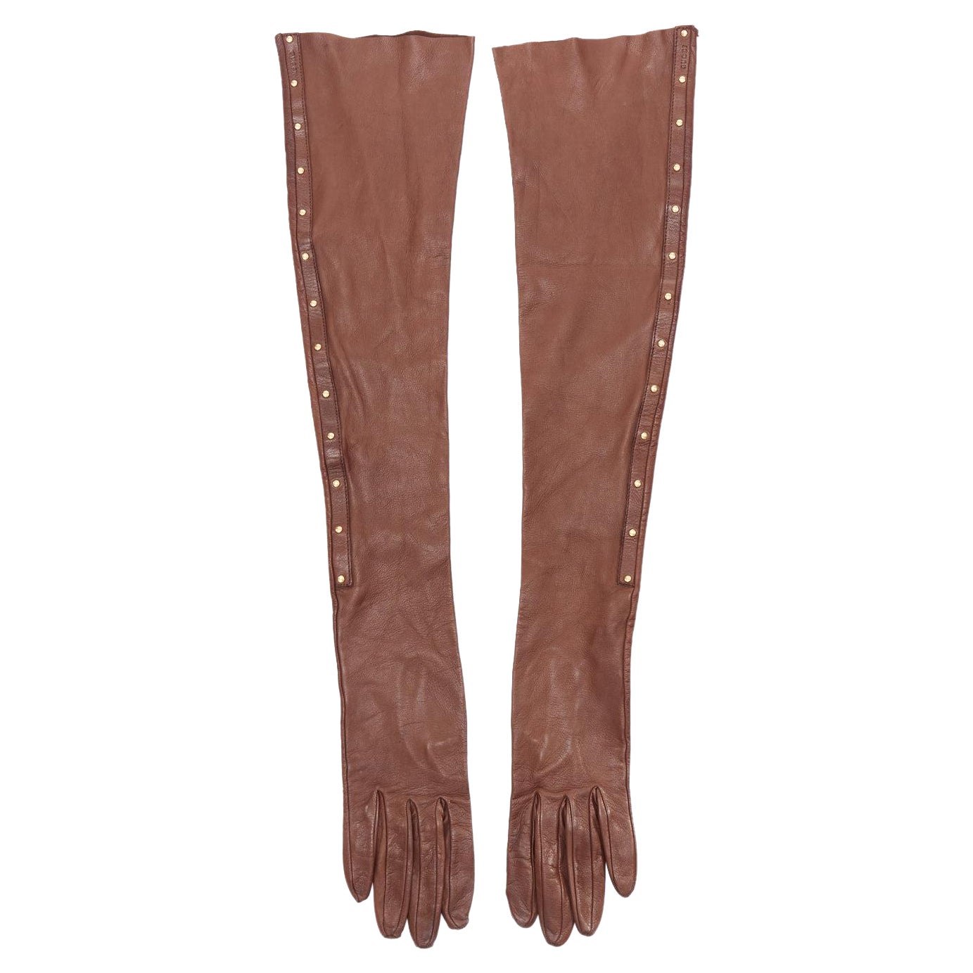 rare GUCCI Tom Ford Runway Vintage tan brown gold studs leather opera gloves For Sale