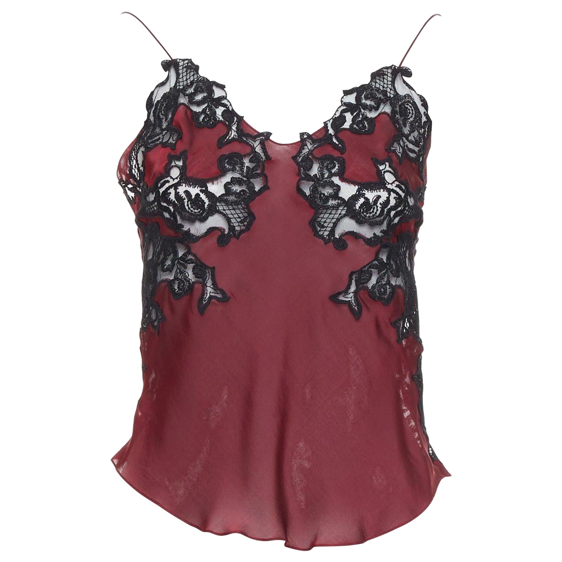 CHLOE 2002 Vintage Phoebe Philo burgunderrote schwarze Camisole aus Seide mit durchsichtiger Spitze FR34 XS im Angebot