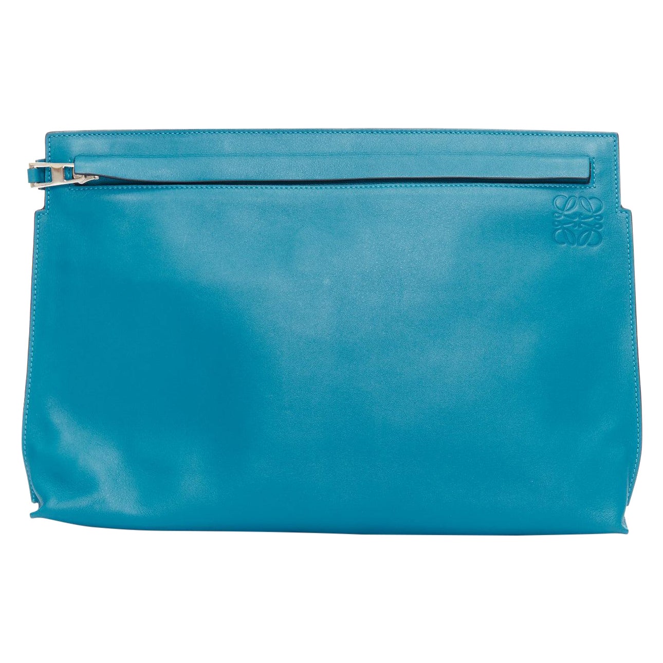 LOEWE T Pouch in pelle morbida blu anagramma logo pochette con zip