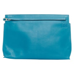 LOEWE T Pouch teal blue soft leather anagram logo zip clutch bag