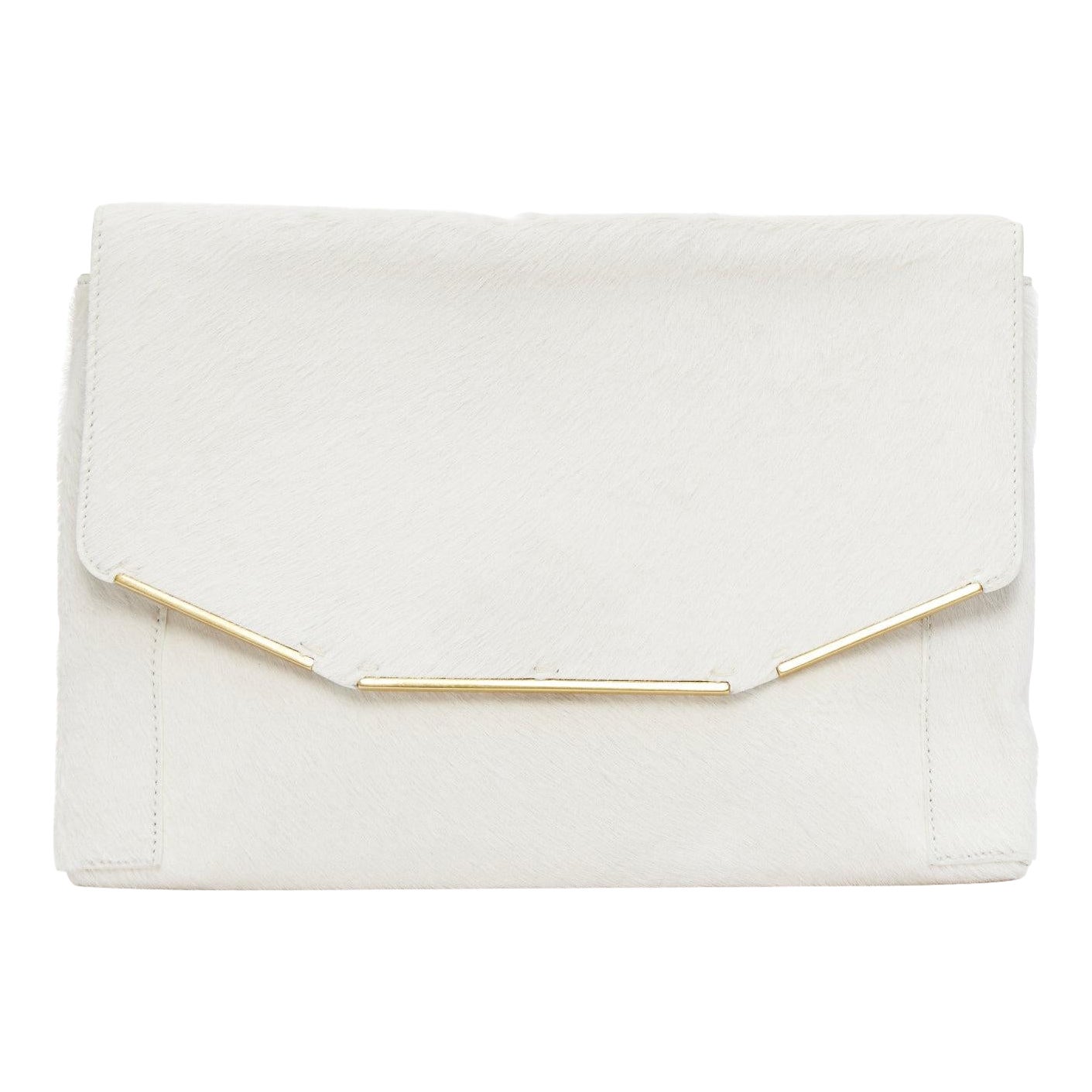 LANVIN Miss Sartorial off white calf hair gold bar flap envelope clutch bag For Sale