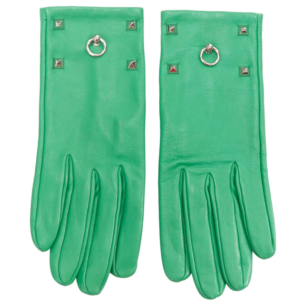 HERMES kelly green leather silver Medor stud ring silk lined gloves Sz6.5