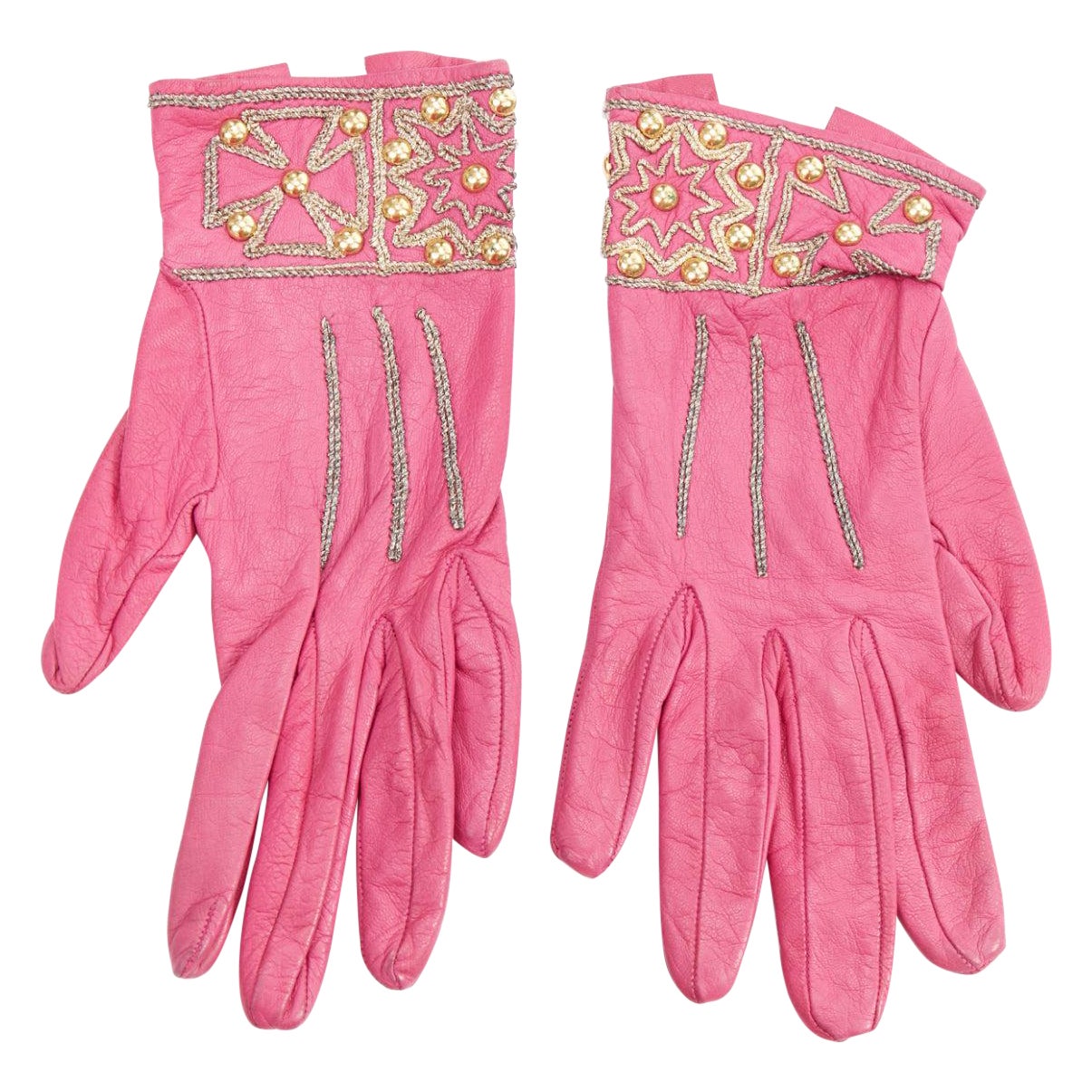 CHRISTIAN LACROIX Vintage pink leather gold stud embroidery short gloves Sz6.5 For Sale