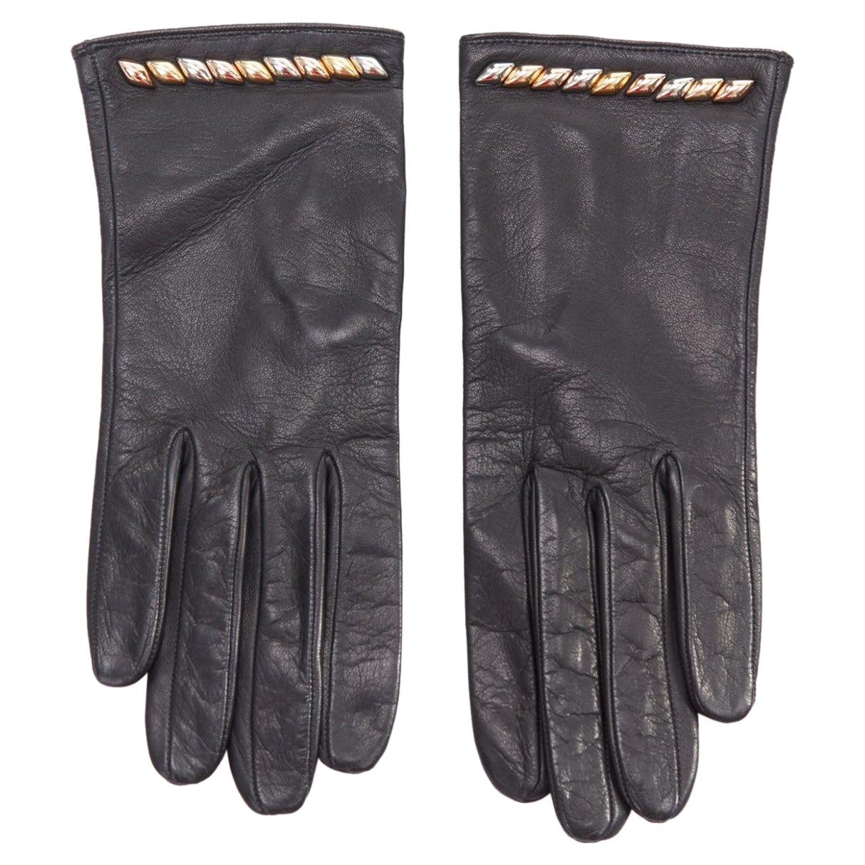 Guanti corti con borchie a trapezio LOUIS VUITTON in pelle nera oro argento