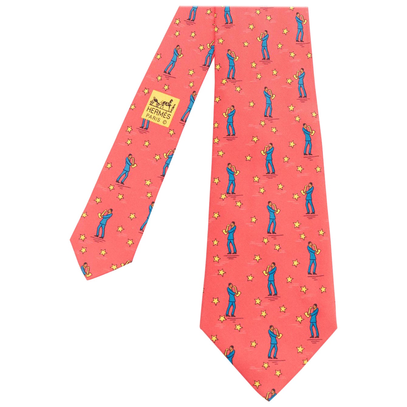 HERMES 7551 SA red yellow blue saxophone player star print silk tie For Sale