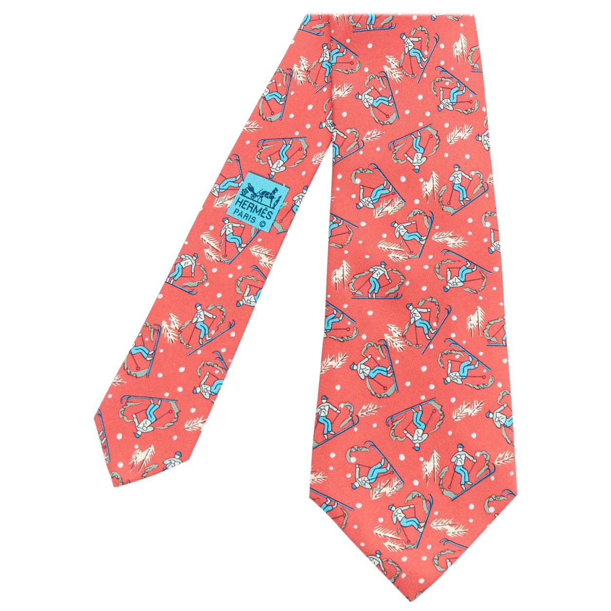 HERMES 7601 SA red blue blue skiier snow fall print silk tie