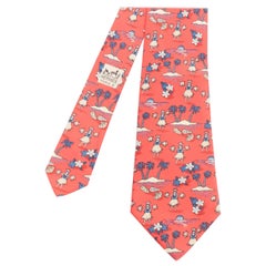 HERMES 7554 SA red blue Hawaiian hula girl fauna print silk tie