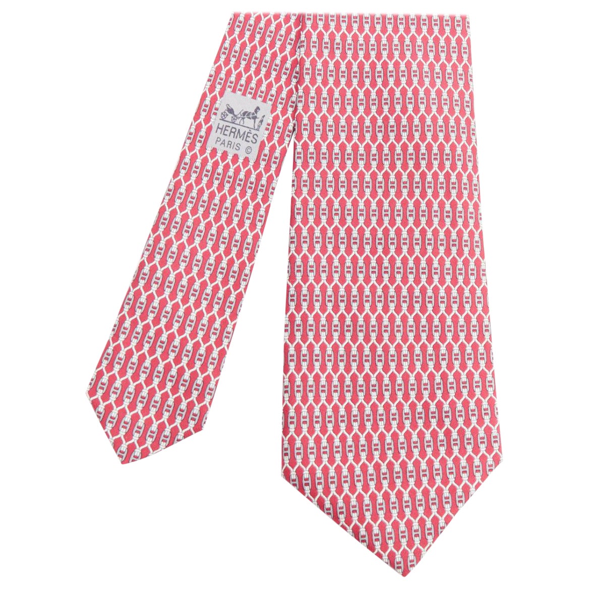 HERMES 7199 UA red grey signature H chain lock print silk tie