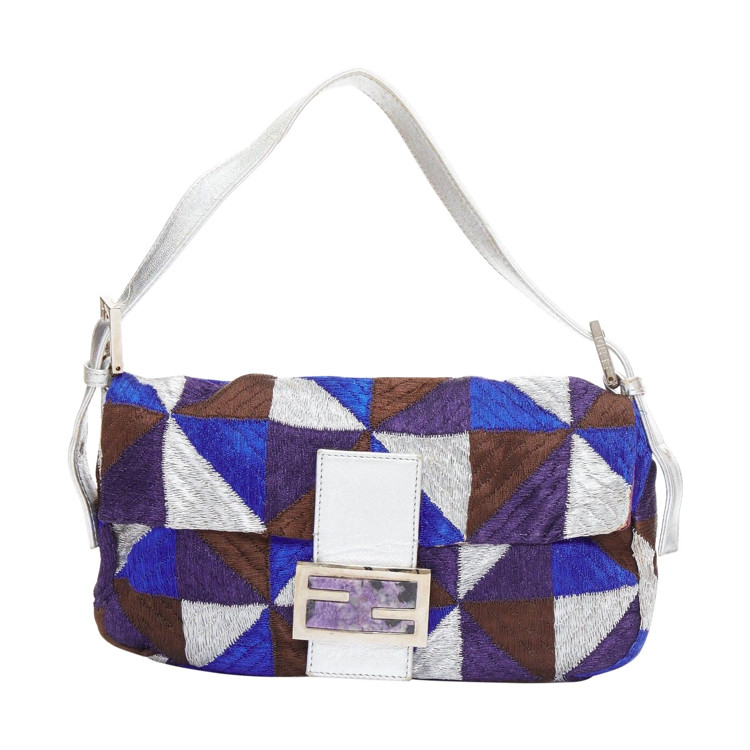 FENDI Vintage Mamma Baguette blue silver purple fabric shoulder bag For Sale