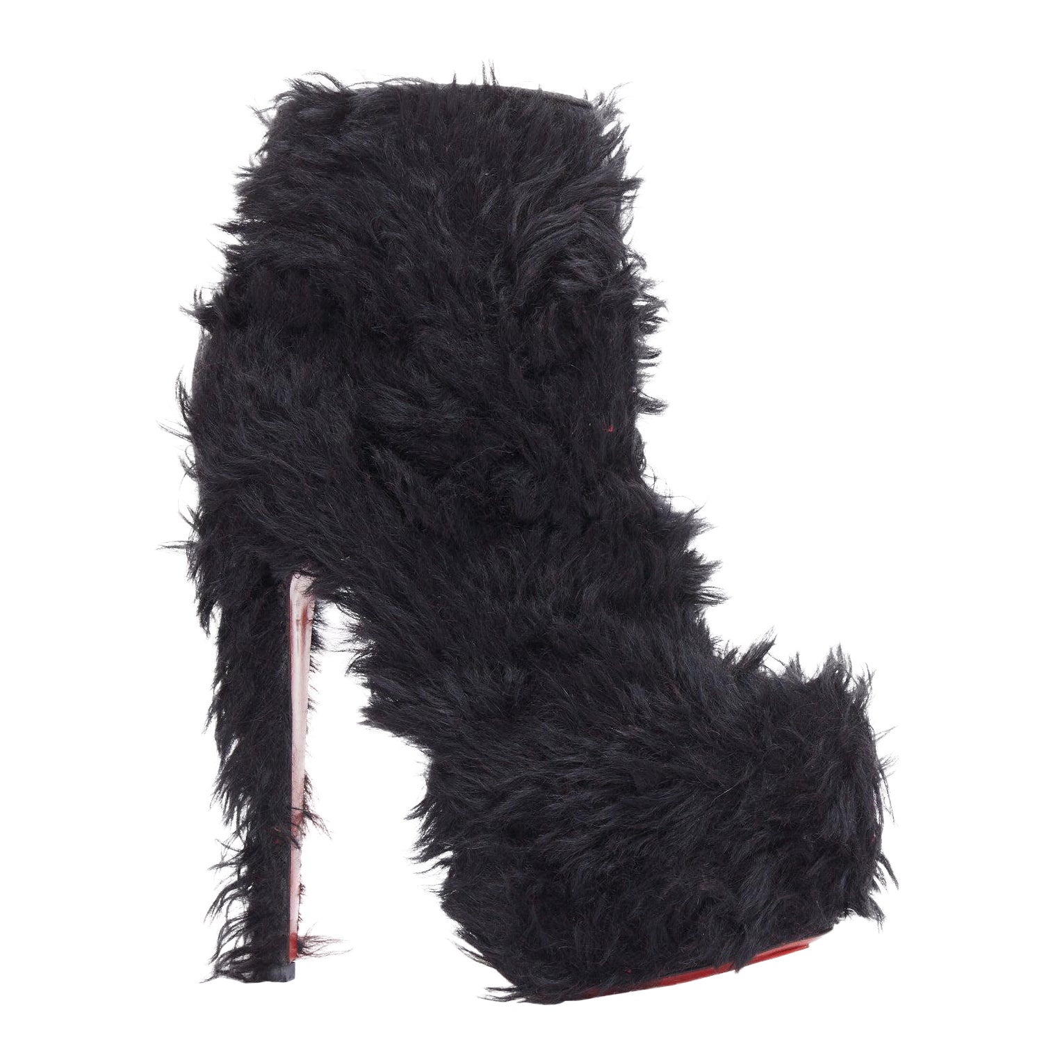 CHRISTIAN LOUBOUTIN black faux shaggy fur high heel platform boots EU36.5 For Sale
